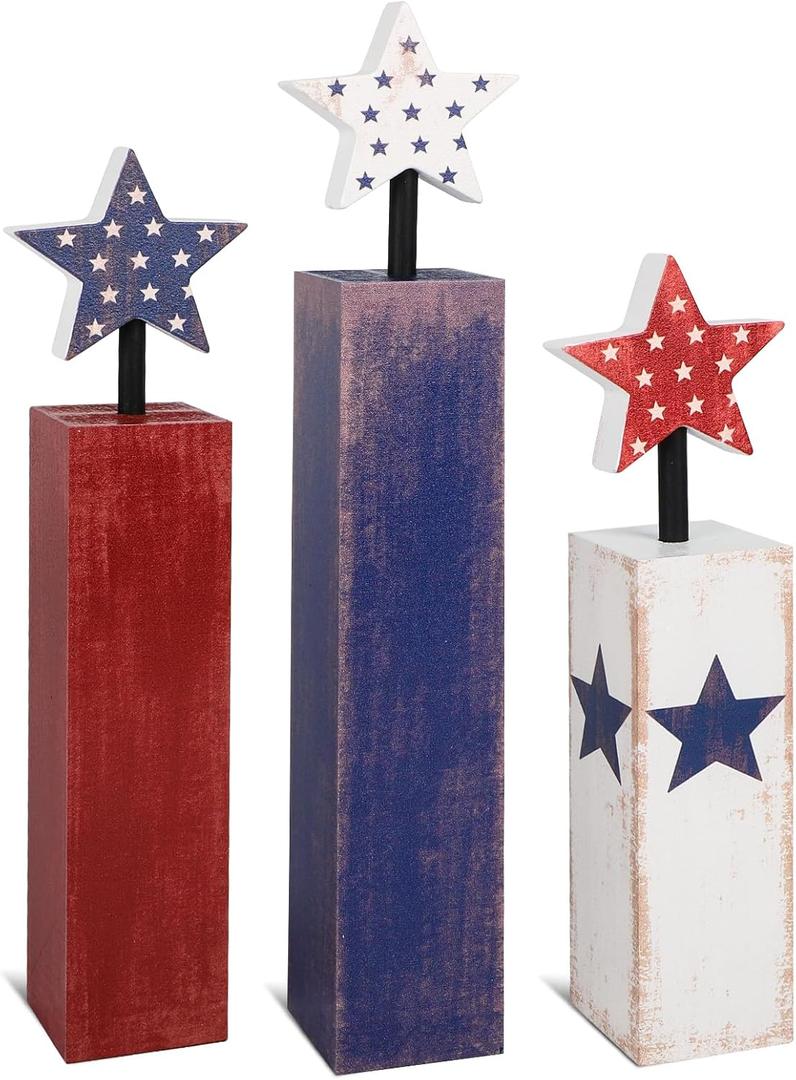 COCHIE 4th of July Decorations Set, Red White Blue Decor, Wooden Patriotic Memorial Day Tiered Tray Decor, Labor Day Decorations, Fourth of July Decoration for Home Office Table (Solid Retro)