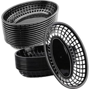 50 Pack Oval Fast Food Baskets, Reusable Black Bread Basket, Plastic Deli Chip Baskets, 8.9"L x 5.3"W Food Service Tray Holder for Burgers, Fries, Snacks, Sandwiches, Burgers, Nachos, Picnic