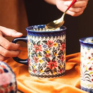 Pottery Coffee Mug Set,14oz, Hand Painted Ceramic Tea Cups with Unique Design for Hot or Cold Drinks (Exotic Daisy), Convention, Blue