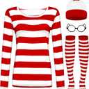 Halloween Costume Sets, Halloween Women Cosplay Red White Striped Shirt Beanie Cap Glasses Socks for Halloween Party (Medium)