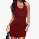 Bodycon Halter Mini Dresses for Women Removable Padded Going Out Club Backless V Neck Summer Cocktail Party Outfit M, Red