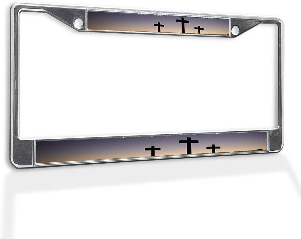 Fastasticdeals Metal Insert License Plate Frame 3 Crosses-Jesus Christ Crucified Weatherproof Car Accessories Chrome 2 Holes Solid Insert