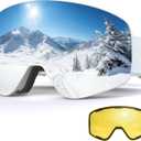 Magnetic Ski Goggles Snow Snowboard Goggles UV400 OTG Snowboarding Goggle for Men Women Adult (White Frame Silver, Polarized-len)