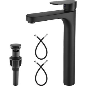 Heyalan Vessel Sink Bathroom Tall Faucet One Hole Single Handle Basin Mixer Tap Lavatory Vanity Brass Pop Up Drain Included Deck Mount Modern Tall Bathroom Faucet,Matte Black