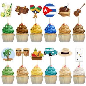 24 Pcs Havana Nights Party Cupcake Toppers Picks Summer Cocktail Cupcake Toppers Stick Havana Nights Party Decorations for Food Fruit Cake Toothpick Decor, 12 Style