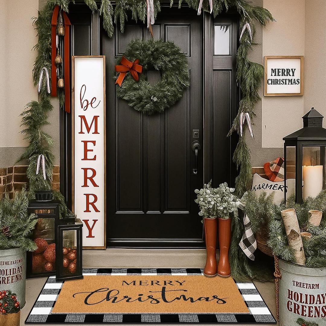 Duraaamo 2 Pcs Christmas Doormat Merry Christ Non Slip Outdoor Rug Xmas Welcome Layered Buffalo Floor Mats for Front Porch Entryway(Black White,Plaid)