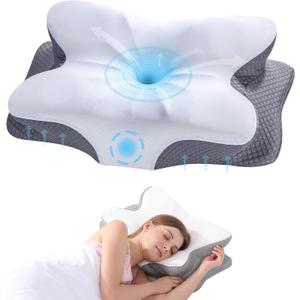 Cervical Neck Pillow - Memory Foam Pillow for Neck Support and Pain Relief, Ergonomic Contour Pillow for Side Back and Stomach Sleepers, Soft and Cooling Ice Silk Washable Pillowcase