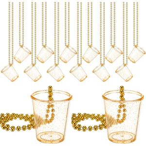 Misdary 12 Pcs Shot Glass Necklaces Gold Clear Shot Cups on Beaded Necklace Disposable Plastic Cups for Birthday Wedding Festival Party Bride Supplies