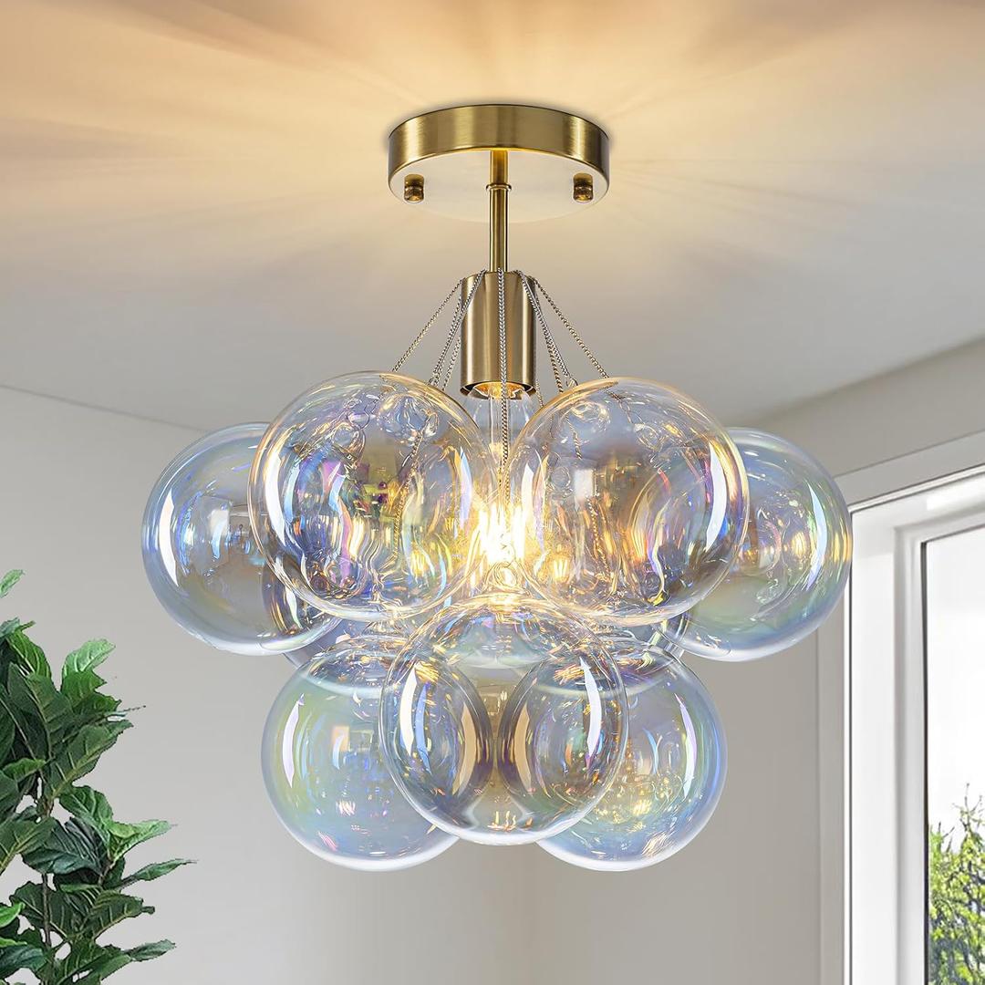 GoYeel Semi Flush Mount Ceiling Lighting 14.17", Modern Chandelier Gold Globe Colorful Bubble Ceiling Light Fixture with 9 Chromatic Glass Ball for Foyer Kitchen Bedroom, Include E26 Bulb, 14.96 in L