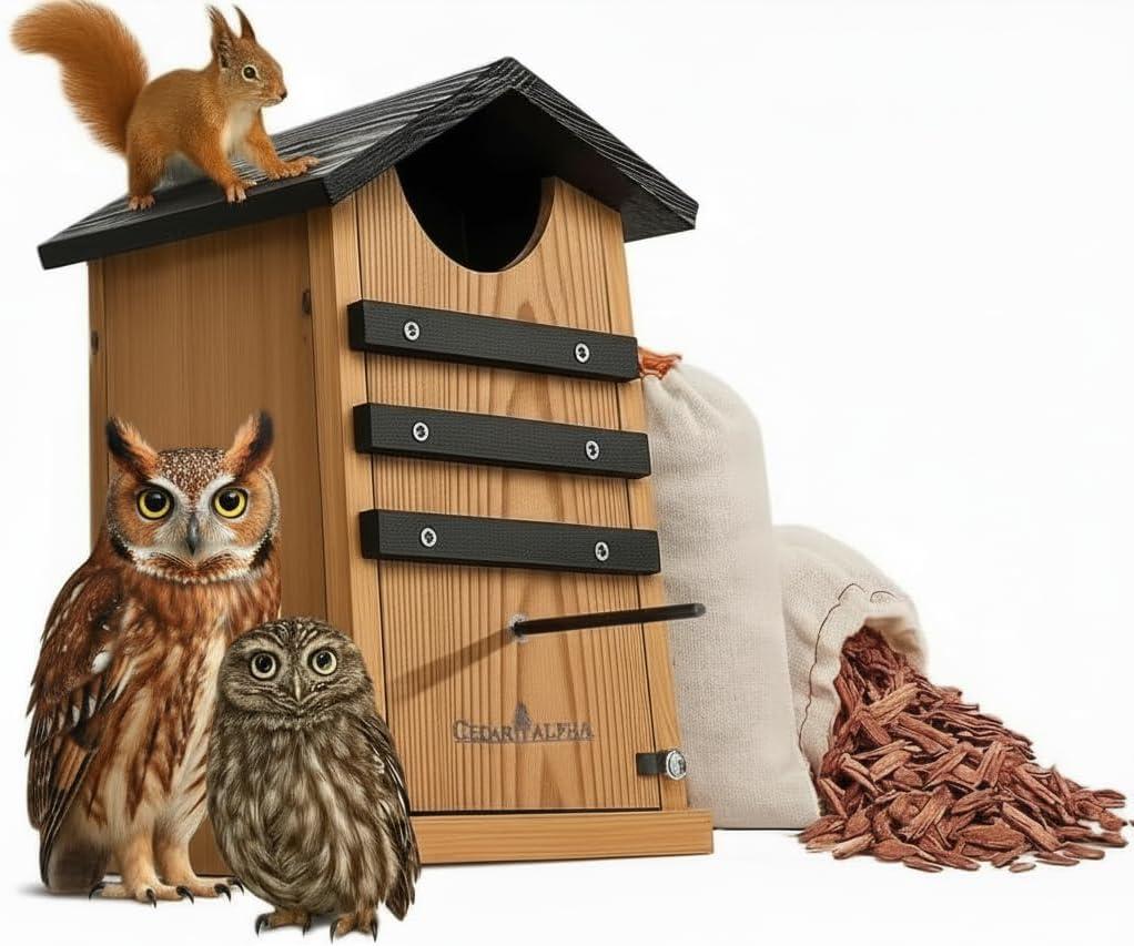 Cedar Screech Owl House Box, Squirrel Nesting Shelter, Large Cedar Bird House for Outside, Rustic Big Birdhouse,Nesting Shelter Nester Heavy Duty, Stainless Steel Perch,Assemble Needed