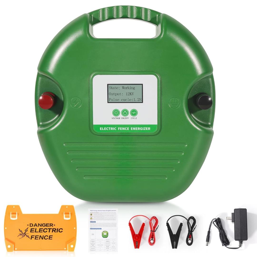 Electric Fence Charger for Livestock  15-Joule Electric Fence Energizer Adjustable 8/10/12kV Output, Weatherproof Fence Charger, Covers 25 Miles/600 Acres