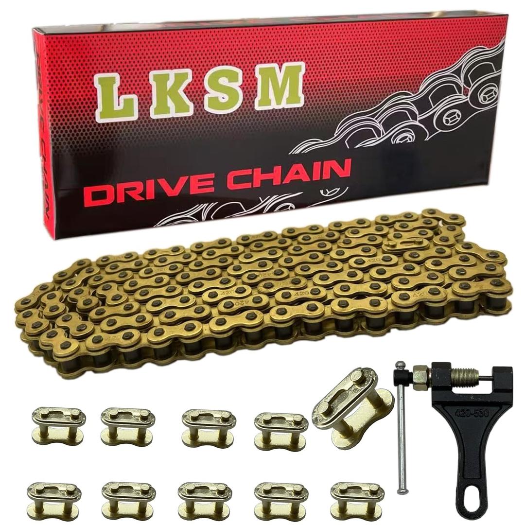 420 Motorcycle Gold Chain 132 Link Standard Roller Chain with Chain Breaker 10 Connecting Master Link for 100cc 110cc 125cc Dirt Pit Bike ATV Quad Go Kart Scooter