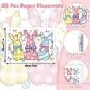 50 Pack Easter Paper Placemats Disposable,16x 11 Inch Blue Pink Rabbit Bunny Spring Seasonal Paper Table Mats Floral Bow Placemats for Home Kitchen Dining Holiday Party Decoration