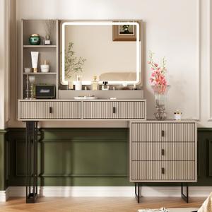 Ieejdn Large Vanity Desk with 3 Color Touch Screen Dimming Mirror, Vanity Desk with Charging Station, Modern Retractable Makeup Dressing Table, Makeup Table with Storage Shelves and 5 Sliding Drawers (Grey)