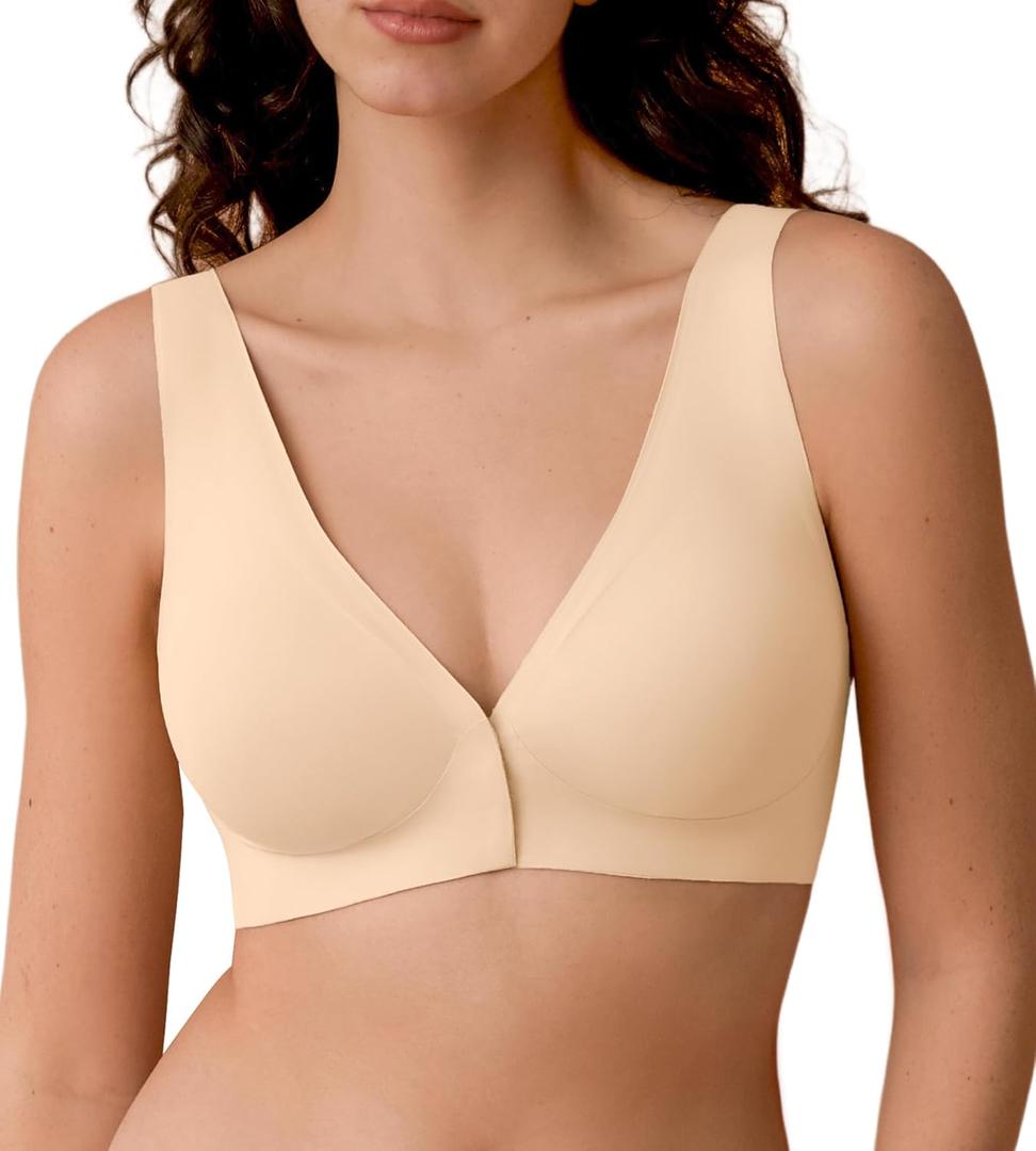 SHARICCA Womens Front Closure Bras Wireless Deep V Plunge Seamless Padded Bras Comfortable Soft Sleep Mastectomy Bra (Large, Light Beige)