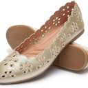 FRACORA Women's Ballet Flats Black PU Leather Dress Shoes Comfortable Round Toe Slip on Flats with Breathable Eyelets (7.5, Gold)