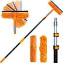 20 Ft+ Reach 2 in 1 Window Squeegee Duster with 5-to-12 Foot Extension Pole, Cleaner Tool with 3-Stage Telescoping Pole, Cleaning Kit with Rotatable Head - Chenille Cloth + Microfibre Cloths Head