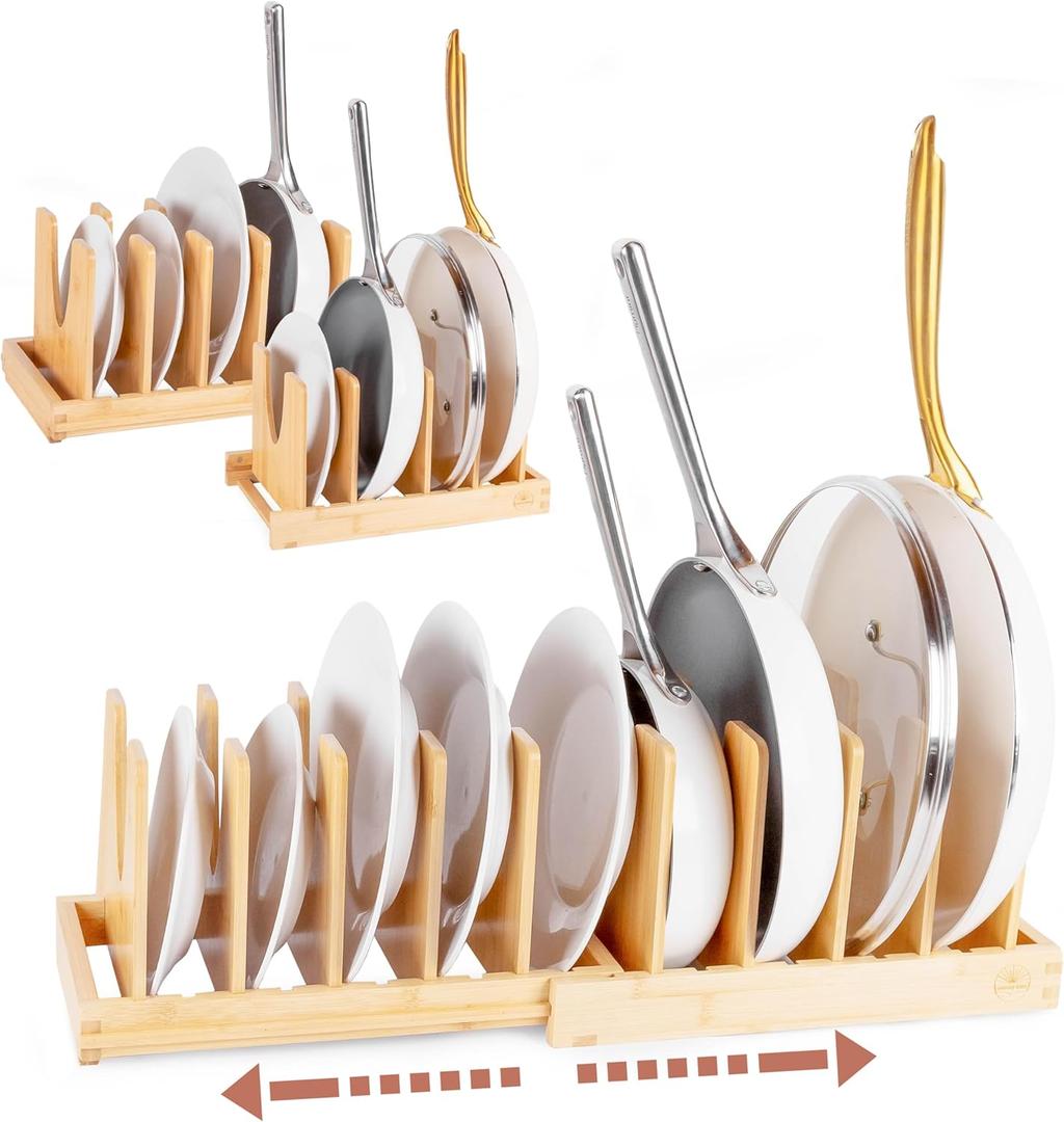 Pot and Pan Organizer for Under Cabinet  Bamboo Pot Lid Organizer for Cabinet with Magnetic Lock, Expandable 2-in-1, Adjustable Dividers, Non-Slip Base for Cutting Boards, Cookie Sheets, Bakeware
