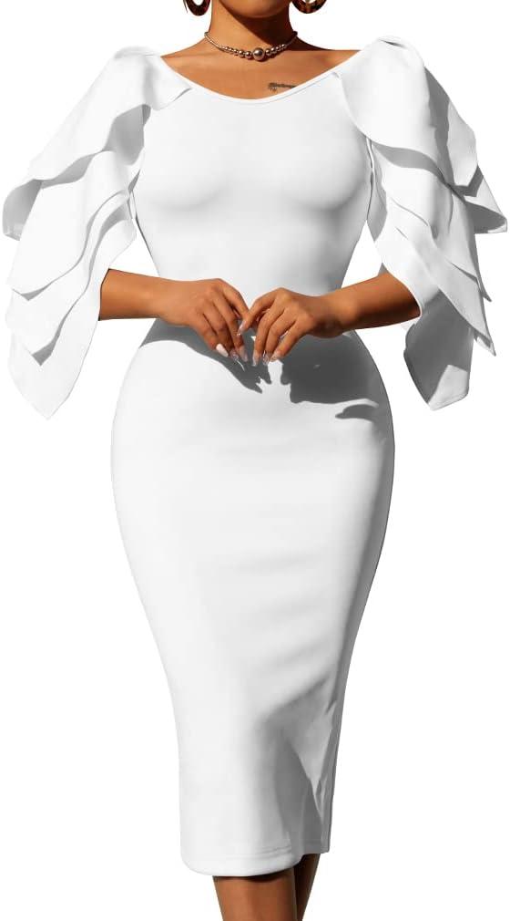 DAAWENXI Women's Elegant Ruffle Off The Shoulder Zipper Empire Midi Cocktail Dress (White, Medium)