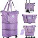 Expandable Foldable Duffel Bag Suitcase Detachable Rolling Wheels Carry On Large Duffel Bag Luggage Bag Suit Gym Camping Travel Or Business Trip Gift For Wife And Parents Checkerboard Purple