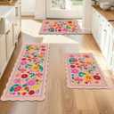Tinideya Floral Kitchen Rug Set of 3 Boho Farmhouse Area Rugs Washable Door Mat for Entryway Kitchen Floor Bathroom Laundry Front Porch Decor 17"x47"+17"x29" (Pink)