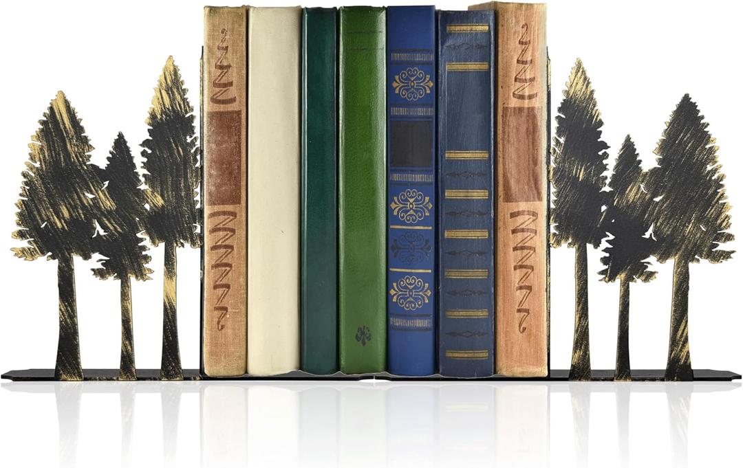 Forest Metal Bookends - Handcrafted Iron Pine Tree Decor for Shelves, Rustic Nature-Inspired Book Ends, 6.6x1.2x5.9 Inch Durable Home Decor for Nature Lovers