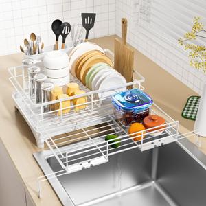 Dish Drying Rack - Expandable Rack, Large Capacity Dish Drainer for Kitchen Counter, Rust-Proof with Utensil Holder, White
