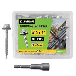 #10 x 2 Inch, 100 Pcs Hex Head Metal Roofing Screws, Zinc Plated Sharp Point Sheet Metal Roof Screw with Rubber Washer, Self Tapping Metal to Wood Siding Screws, Hex Socket Included (Galvanized)