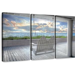 Elephant Stock - Swing At The Beach Wall Art - Horizontal Multi Panel Canvas - 3 Piece Living Room Wall Decor - Photography Beach Sunsets And Sunrises Multi Piece Wall Art - Blue And Gray Decor by Celebrate Life Gallery - 38" x 24"