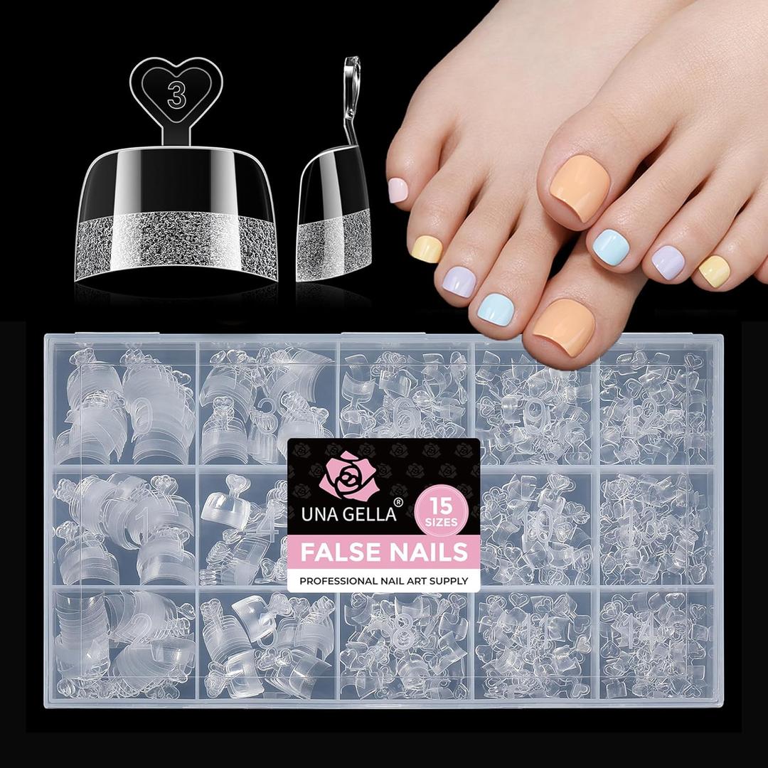 UNA GELLA Toe Nail Tips Squavol 510 Pcs - Soft Gel Toe Tips Acrylic Nails, Square Round Half-Cover Nail Forms for Toe Nail Extension, Flexible Pre-filed False Toe Nails for Home DIY & Salon,15 Sizes