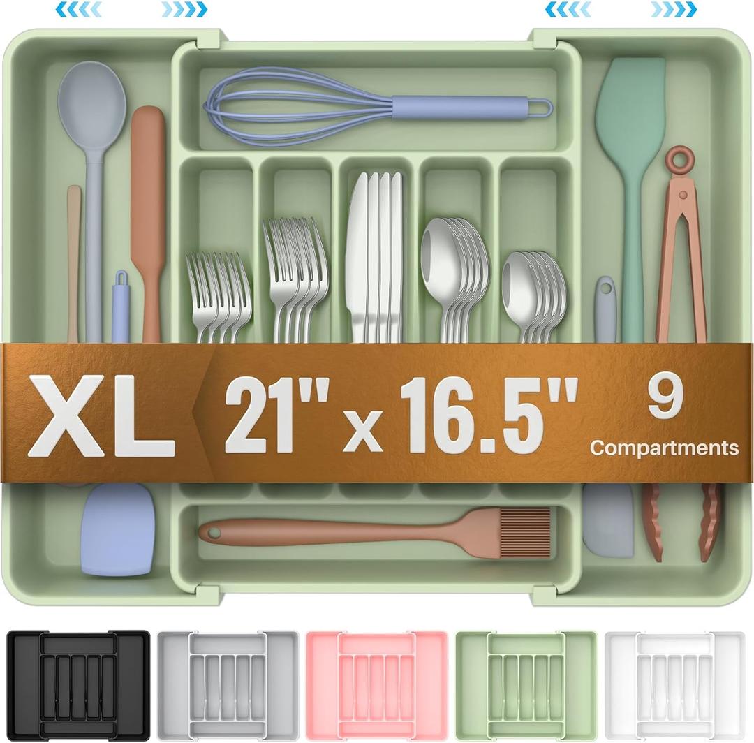 ukeetap Extra Large Expandable Silverware Organizer, BPA-Free Food-Safe Cutlery Flatware Organizer, Kitchen Utensil Drawer Organizer, Adjustable Silverware Holder for Spoons Forks Knives, Green