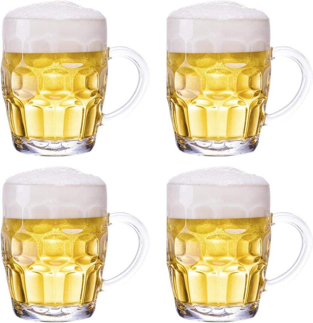 Dimple Stein Beer Mug Set, 20 oz Beer Glasses with Handle, Glass Beer Mugs, Dishwasher and Freezer Safe, Clear and Sturdy, Set of 4