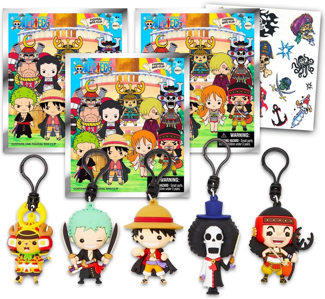 One Piece Blind Bag Party Favors 3 Pack Bundle With 3 Figure Bag Clips Plus Tattoos, More | Wano Arc Series 2 for Kids