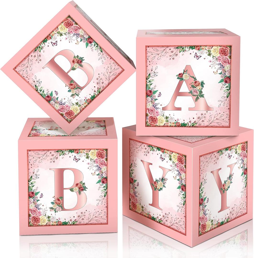 Floral Baby Shower Box Birthday Party Decoration Pink Balloon Blocks First Birthday Centerpiece Decor for Girls Rose Gold Gender Reveal Party Supplies