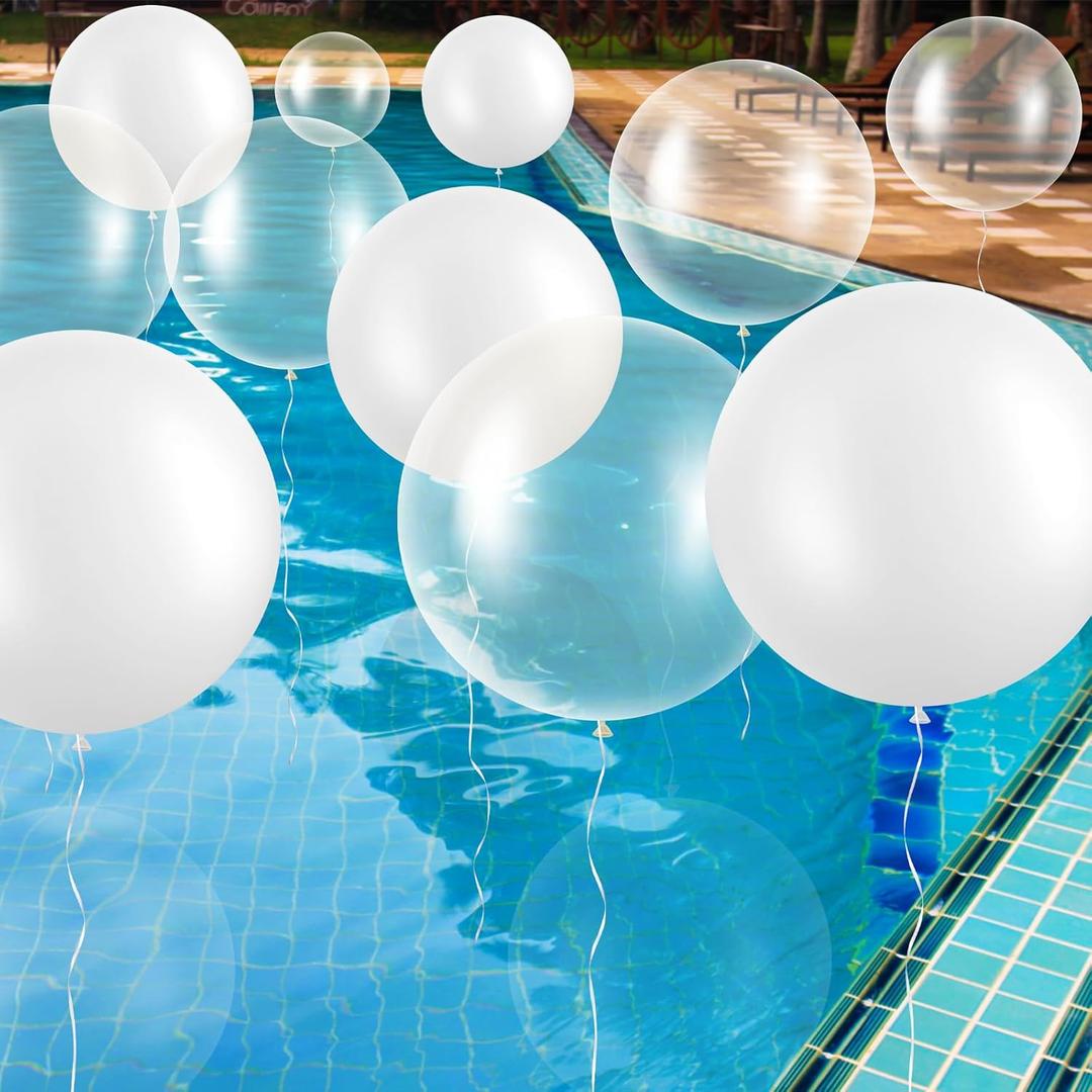 Gejoy 24 Pcs Pool Giant Balloons 36/24/18 Inch Jumbo Large Big Latex Balloons Bulk with Ribbon for Pool Decorations Garland Arch Wedding Birthday Supply, Needs to Be Filled with Helium(White)