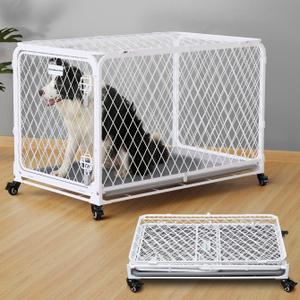 36 Inch Collapsible Dog Crate with Diamond Mesh, No-Tool Assembly Foldable Dog Kennel with 4 Lockable Wheels, Removable Tray, Portable Dog Cage for Medium/Large Dogs, Space-Saving, Indoor Outdoor Use (White)