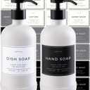 Hand and Dish Soap Dispenser for Kitchen and Bathroom, Set of 2 16 Oz Glass Bottles, Stainless Steel Pumps, Non-Slip Silicone Base, 27 Waterproof Labels (Matte White Bottle/Black Pump)