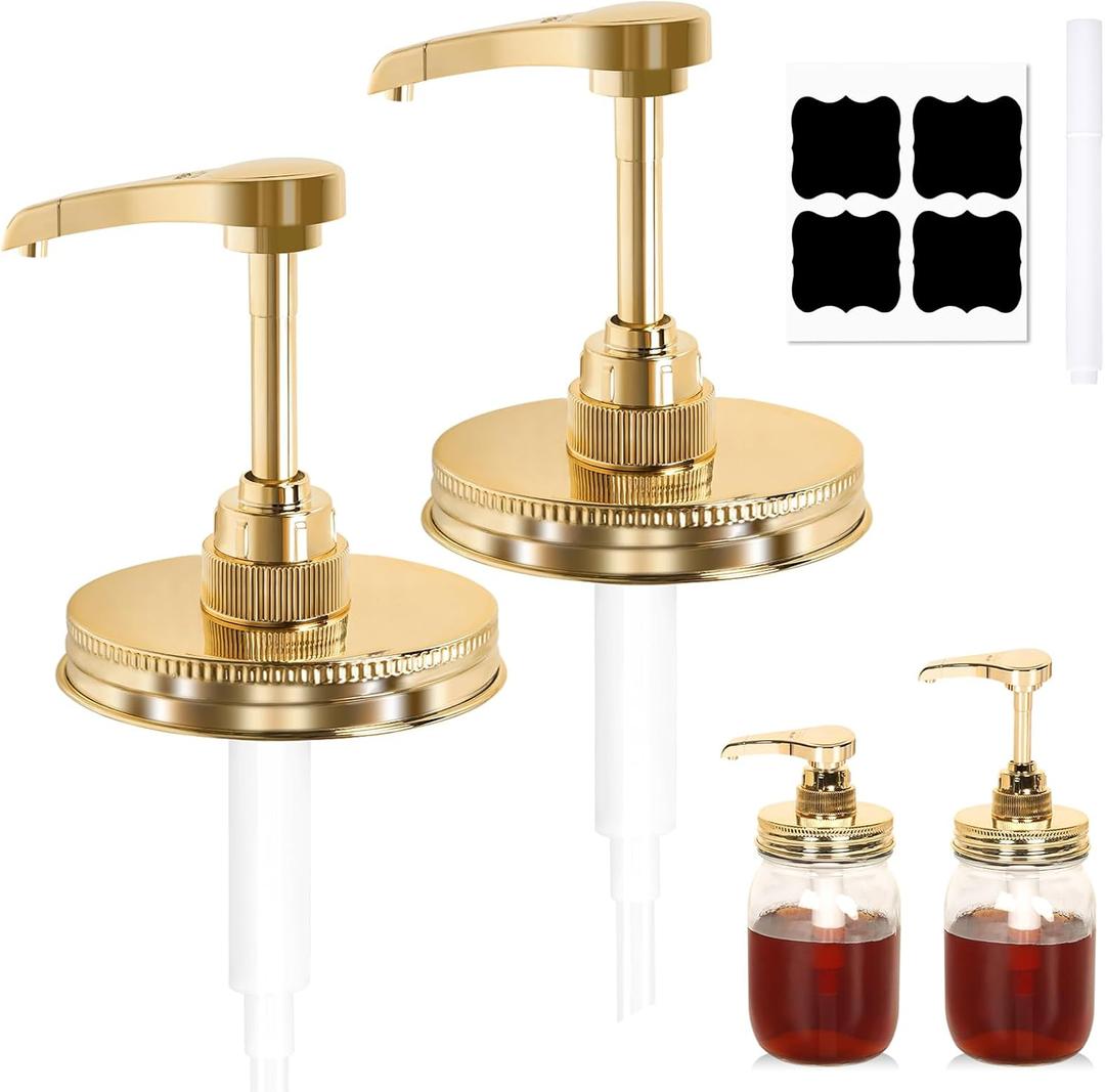 Maple Caramel Honey & Syrup Dispenser Pump fit 3.38 Inch Wide Mouth Mason Jar, Rust Proof, Food Safety Plastic Dispenser Stainless Steel Lid,Chalk & Sticker,Golden Houjioes(2 Pack)