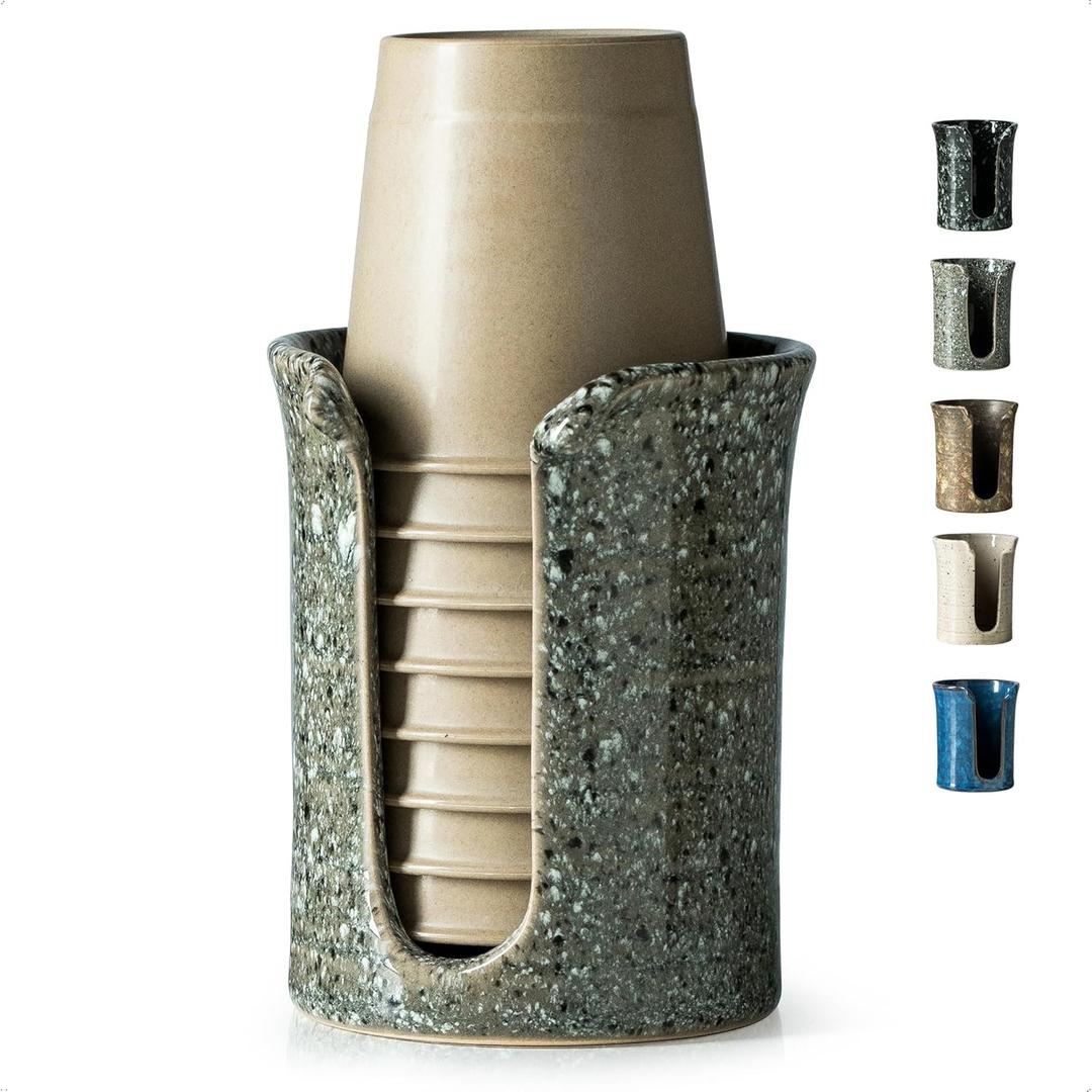 Ceramic Bathroom Cup Holder, Bathroom Cup Dispenser for Dixie Cups 3 Oz Bathroom Cups, Mouthwash Cup Dispenser Small Paper Cups Holder for Bathroom Vanity Countertop, Stoneware Design, Gray