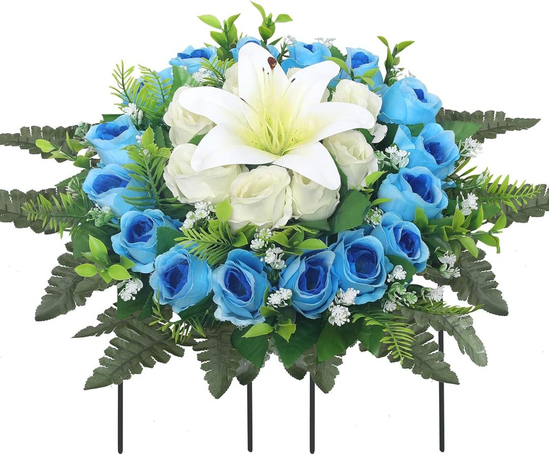 Artificial Cemetery Flowers,Grave Decorations Handcrafted Fake Birthday Flowers Cake,Silk Memorial for Cemetery for Headstones Decoration (Blue)