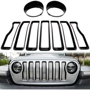 Bonbo Mesh Grille Grill Insert & Headlight Turn Light Cover Trim Exterior Accessories for Jeep Wrangler JL Sport/Sports 2018-2023 (Black)
