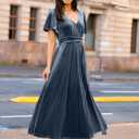 Simplee Women's Velvet Maxi Dress V Neck Short Sleeve Empire Waist Semi Formal Long Cocktail Dresses (Blue)
