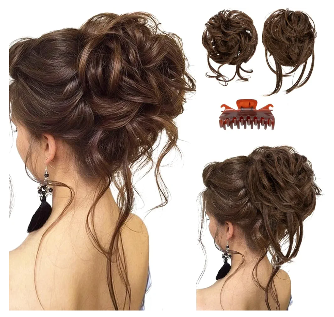 SARLA 2PCS Messy Bun Hair Pieces for Women Detachable Claw Clip Wavy Curly Synthetic Hairpieces for Updos with Tendrils Fake Scrunchies Ponytail Extension Chocolate Multi