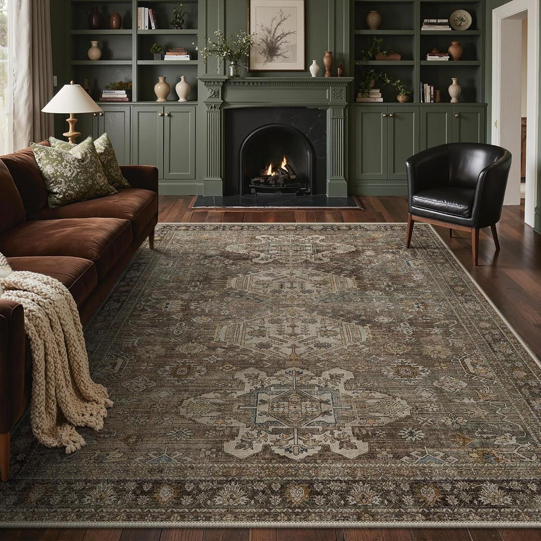 Bavni Washable Rugs 8x10 Area Rug for Living Room Bedroom, Print Vintage Aesthetic Chenille Carpet Rug, Ultra-Thin Low Pile Rugs for Dining Room Home Office with Non Slip Backing, Brown
