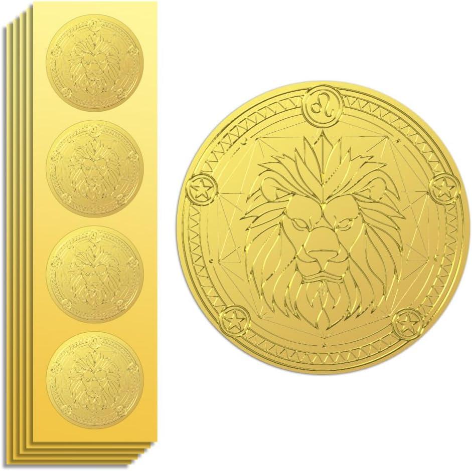 Peacoblue Gold Foil Sticker Seal Embossed 2 Inch 100Pcs Leo, Self Adhesive Golden Around Embossing Decals for Invitation Certificate Envelope Seal Gift Card Decoration
