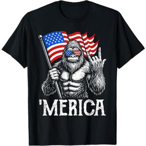Bigfoot Merica Rock American Flag Patriotic 4th Of July T-Shirt 4XL