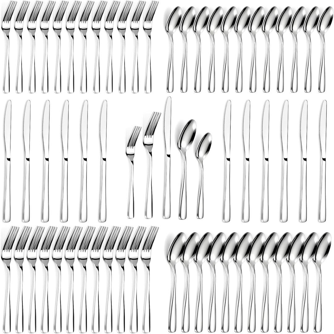 Bestdin 60 PCS Silverware Sets - Mirror Polished Flatware Set for 12, Including Knives, Spoons and Forks, Cutlery Set, Dishwasher Safe & Stainless Steel Silverware for Wedding Gift, Home & Party Use