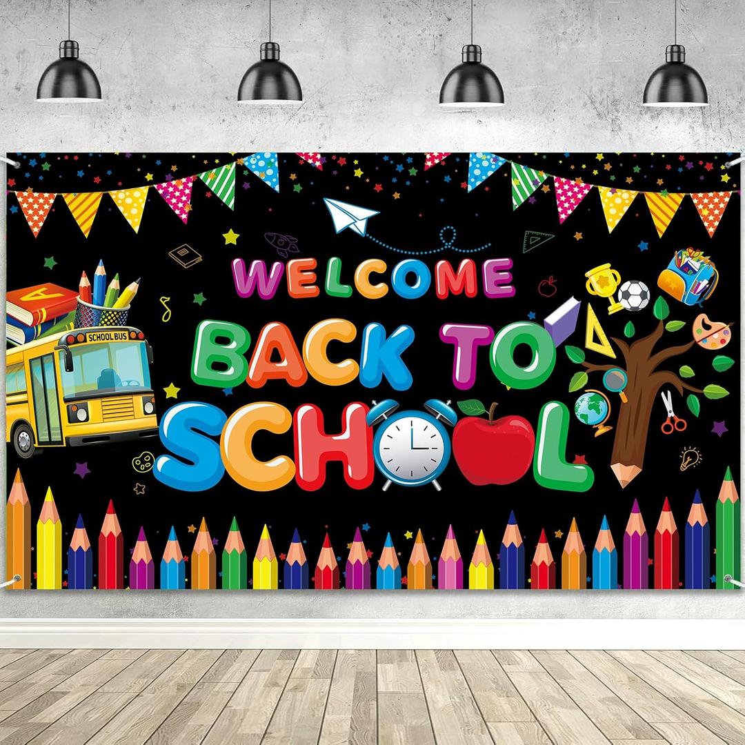 Welcome Back to School Banner, Black Color Back School Backdrop for First Day of School Decorations, Welcome Kids Students Back to School Party Decorations for School Classroom 70.8 x 43.3 Inch