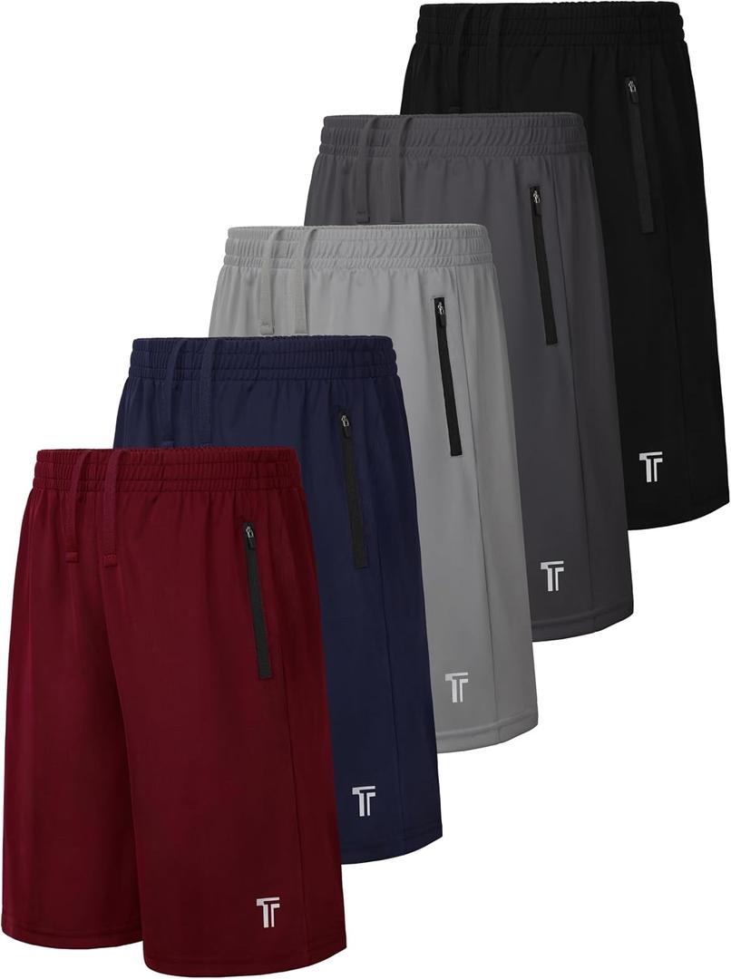 5 Pack Boys Athletic Shorts with Zipper Pockets Basketball Soccer Quick Dry Teen Kids Sport Shorts Elastic Waist, X-Small, Dark Gray, Black, Gray, Navy Blue, Dark Red
