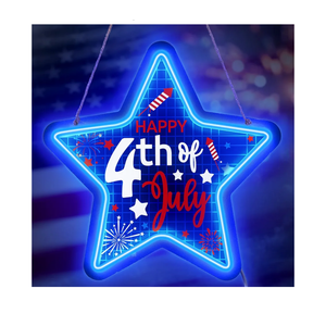 Patriotic Star Door Sign Happy 4th of July Wood Door Hanger 11 Inch Red White Blue Door Hanging Decorations USB Powered Independence Day Wreath Wall Neon Lights for Home Window Porch